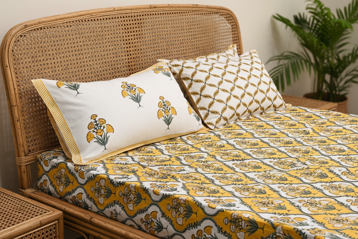 Close Side View Fresh - White Yellow Jali Marigold on Cane Bed