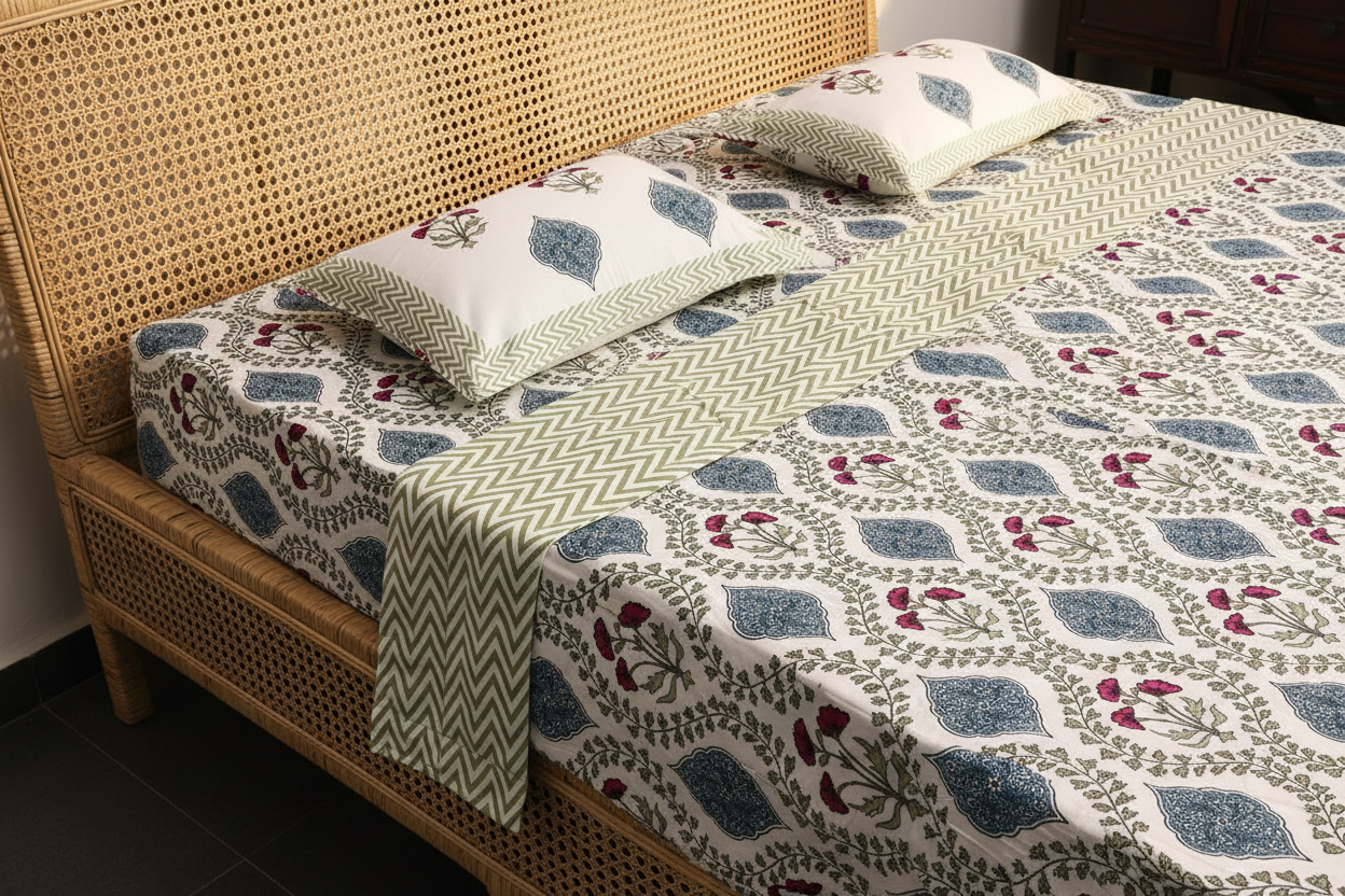 Megha - Dark blue and red |Everyday 100% cotton bedsheet |king size