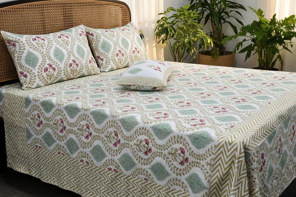 Megha- Teal green and pink |Everyday 100% cotton bedsheet | king size