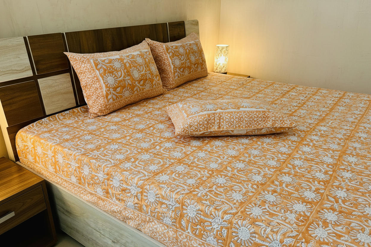 Close Side View - Peach Floral Block Print Bedsheet