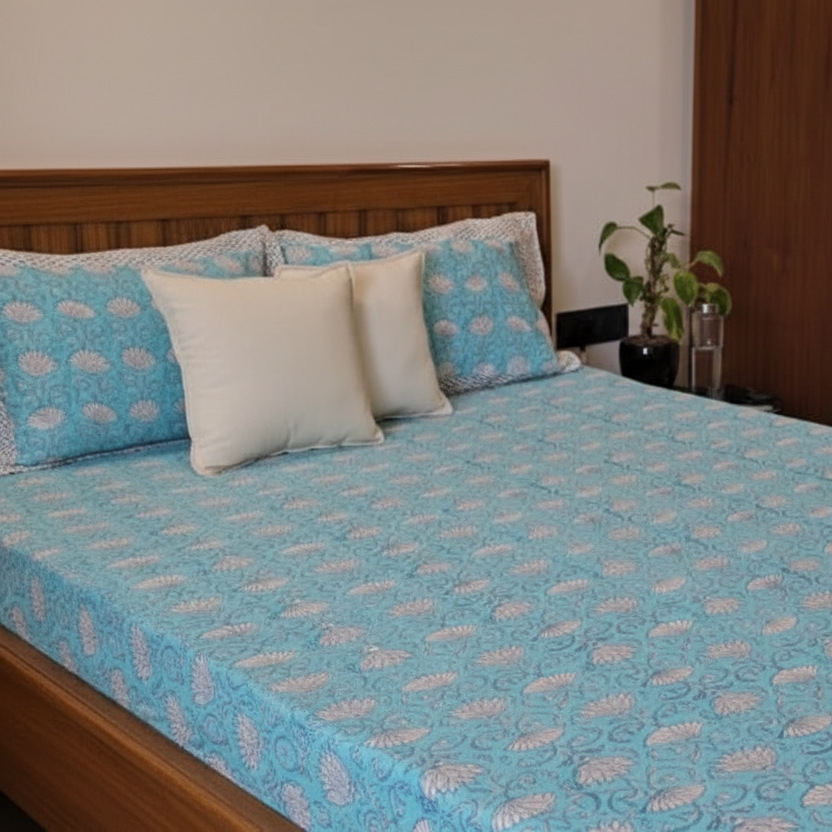 Close Side View - Teal Floral Bedsheet No Pillows