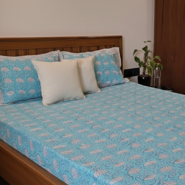Close Side View - Teal Floral Bedsheet No Pillows