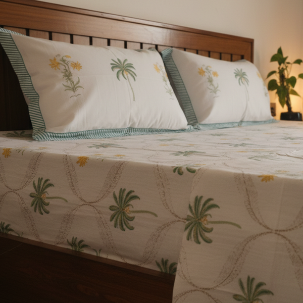 Mughal Kali - Palm Tree and Yellow Flower Everyday Cotton Bedsheet