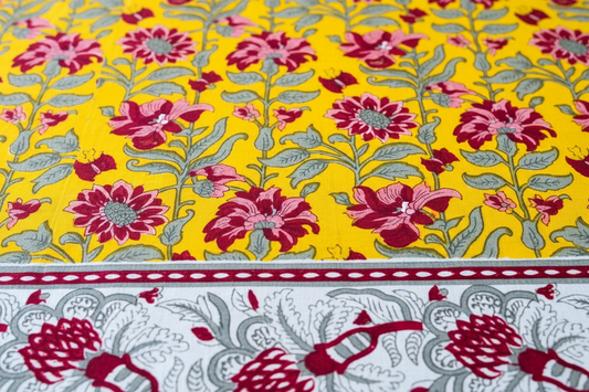 Basantni Yellow with Red and Pink Flowers cotton bedsheet, view 2