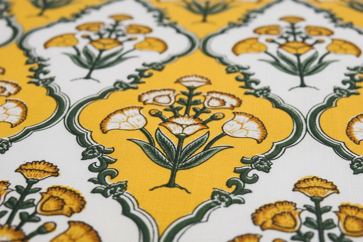 Close-up Fabric & Print Detail - White Yellow Jali Marigold Block Print