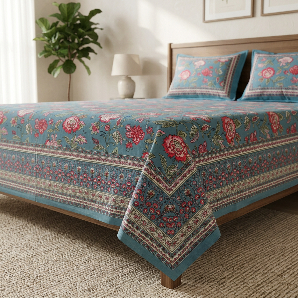 Close-up of the bedsheet print and border