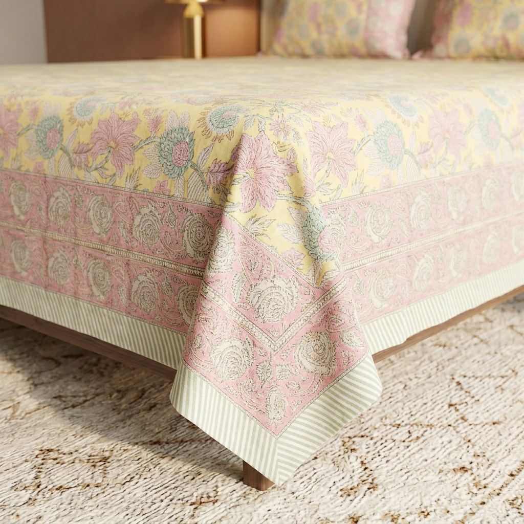 Close-up of the brighter floral bedsheet and decorative border