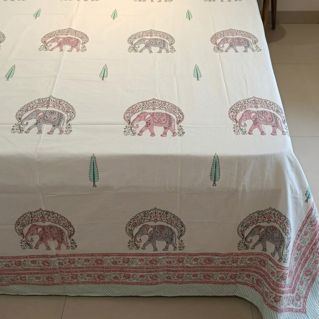 Close-up of the elephant motifs, green trees and decorative border
