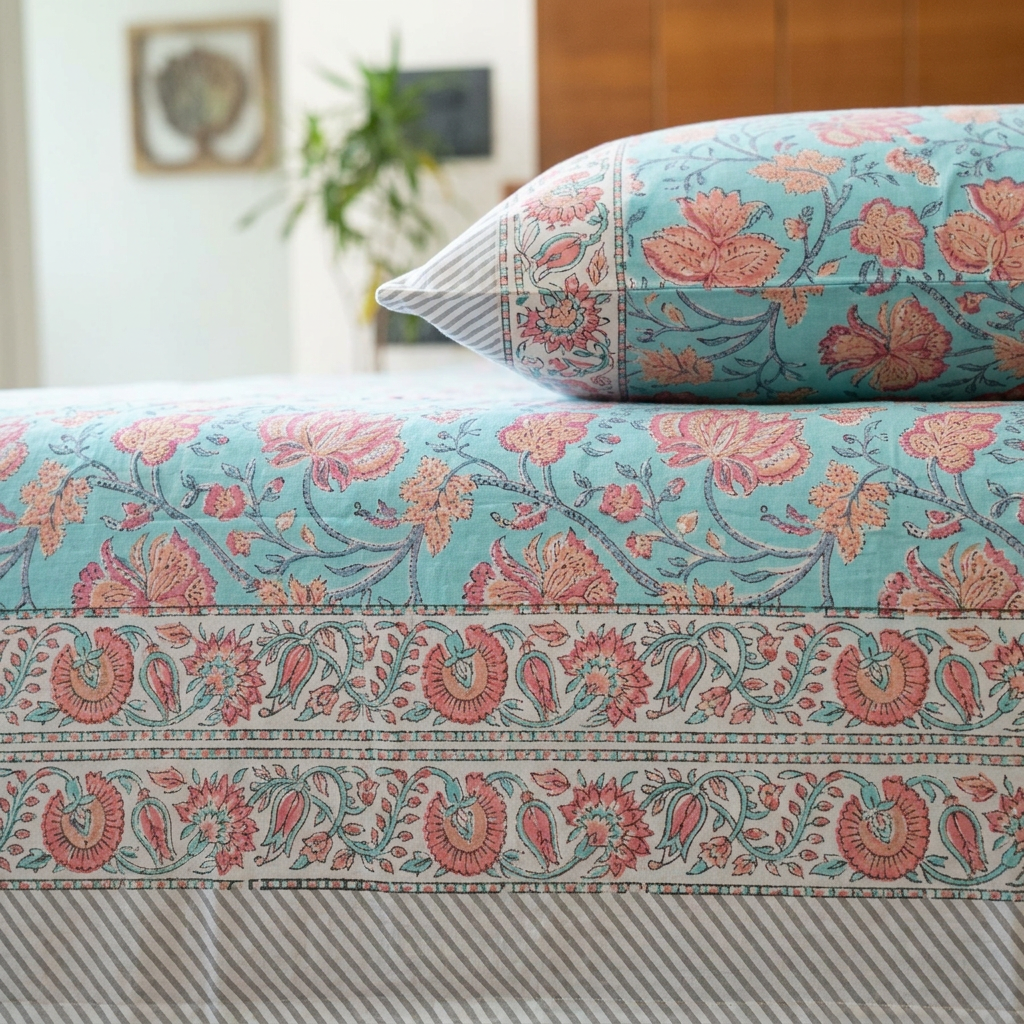 Close-up of the print, border, and pillow detail