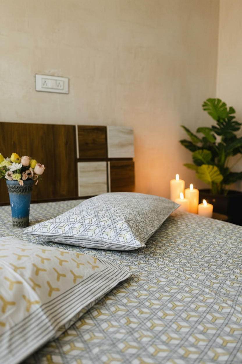Close-up portrait ochre bedroom