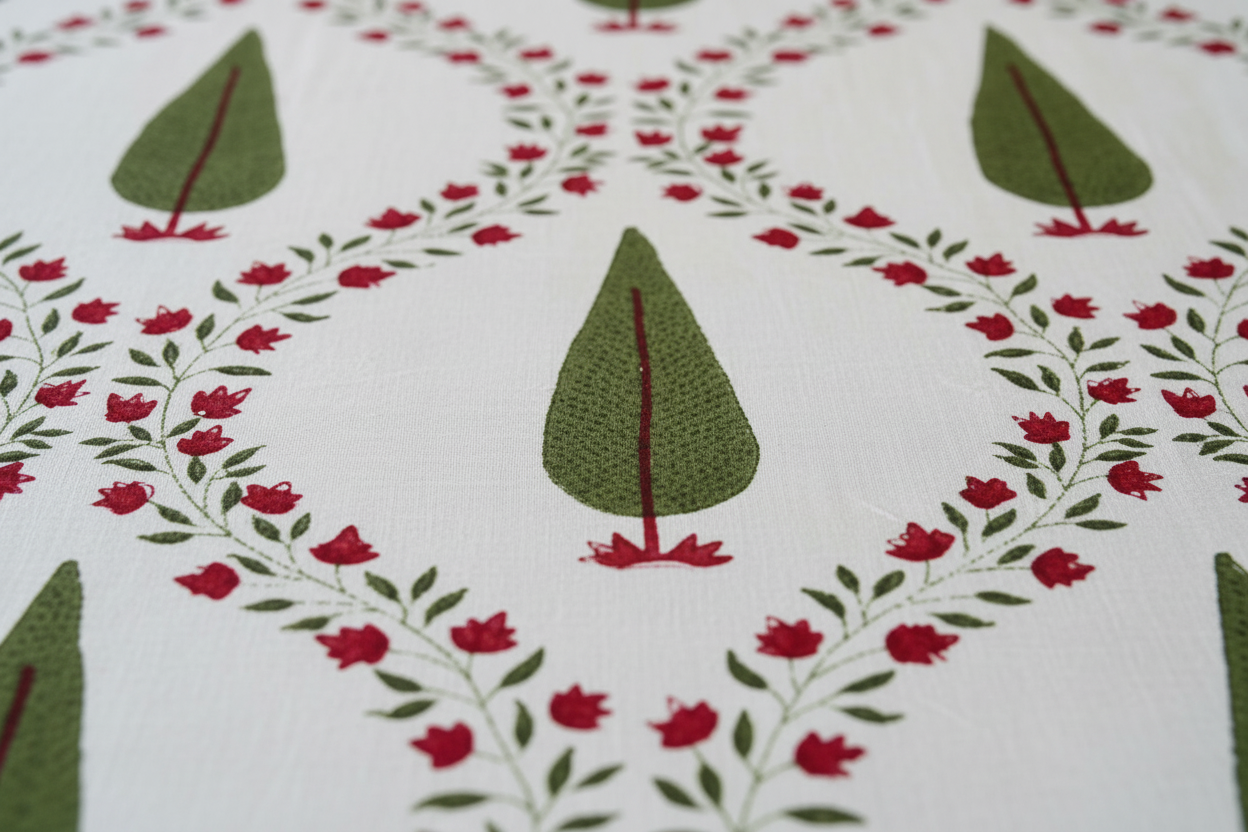 Close-up Print Detail - Green Cypress Tree Block Print