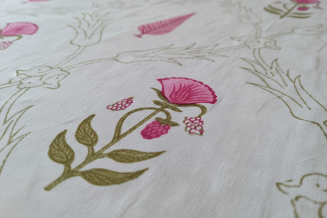 Close-up Print Detail - Pink Cypress & Floral Block Print