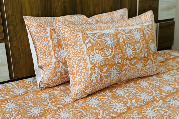 Close-up Two Pillows - Peach White Floral Block Print