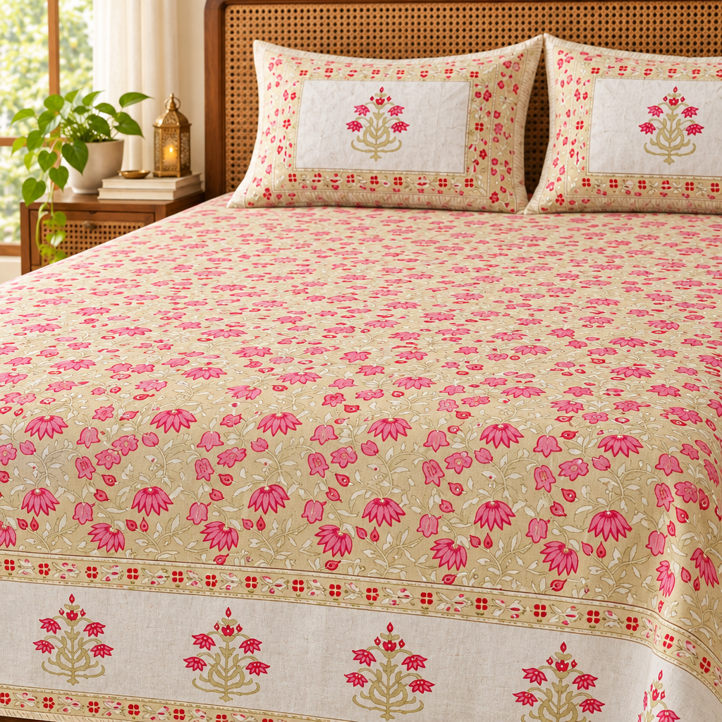 Close-up view of the Parag bedsheet print and fabric