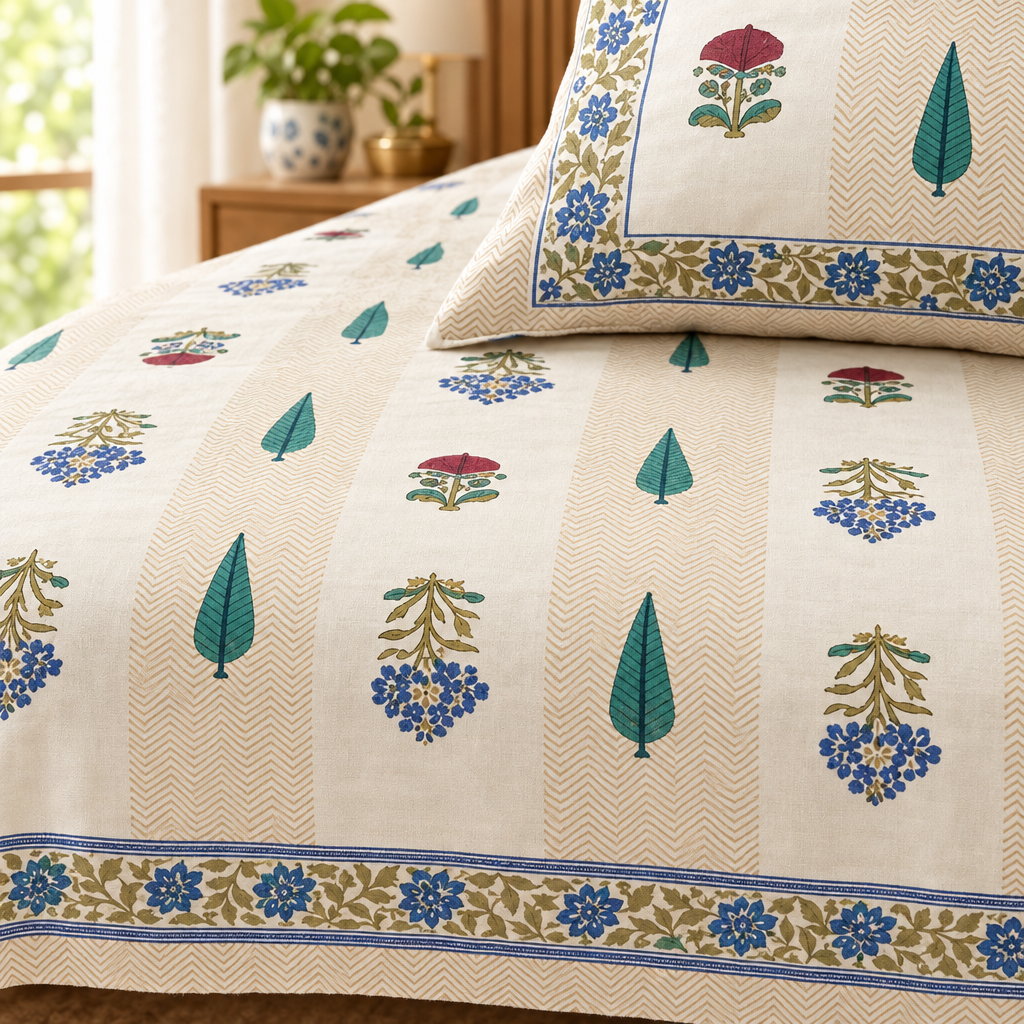 Tarang Blue and Cream cotton bedsheet, view 3