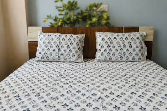 Closer Look - Blue Floral Bouquet Block Print Bedsheet & Pillows