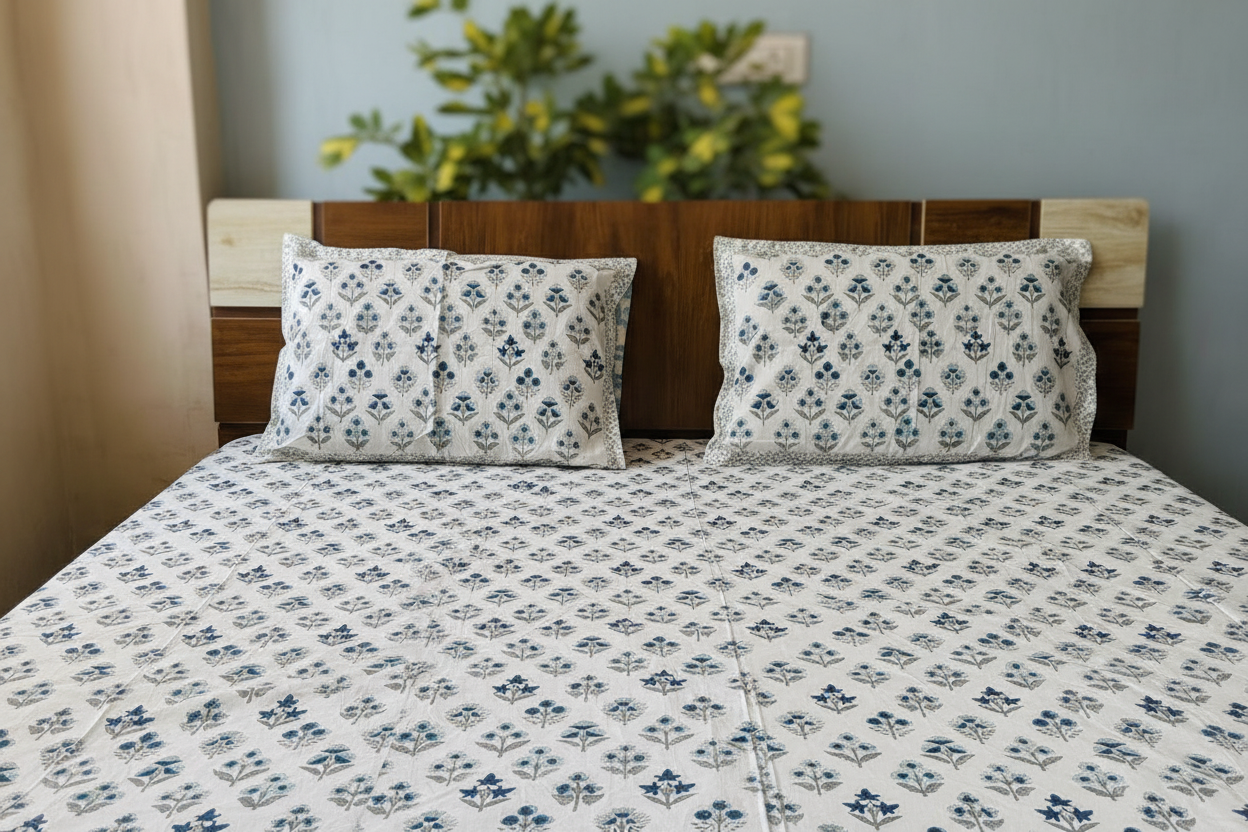 Closer Look - Blue Floral Bouquet Block Print Bedsheet & Pillows