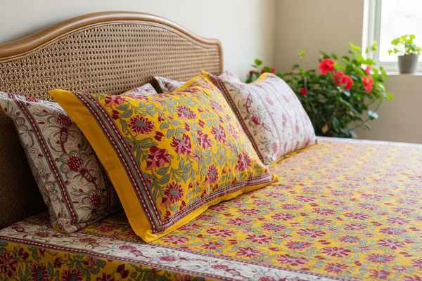 Closer Side View - Yellow Pink Floral Block Print on Cane Bed