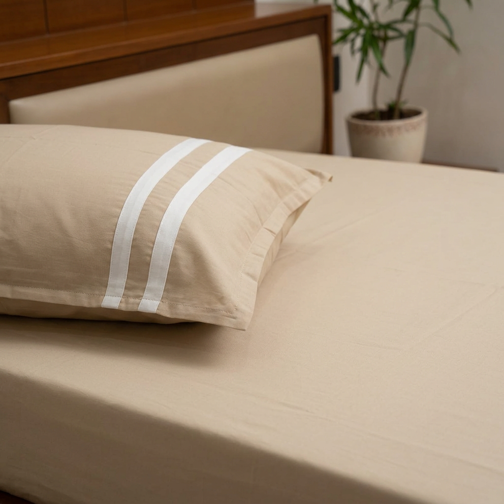 Cream bedsheet and striped pillow detail close-up without a top sheet
