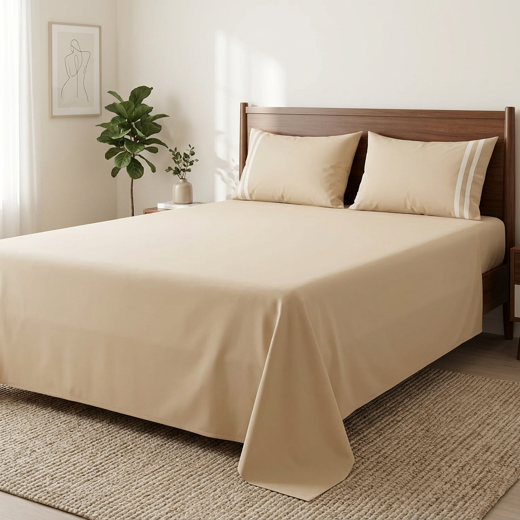 Cream bedsheet bedroom styling with no top sheet or extra bedding layers