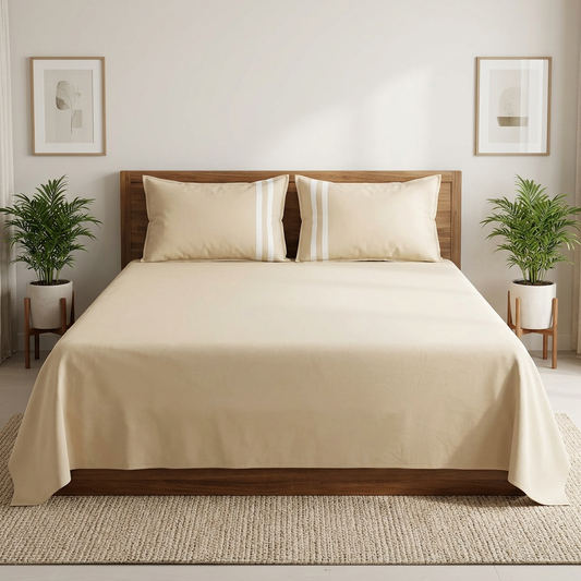 Cream bedsheet straight front view without a top sheet