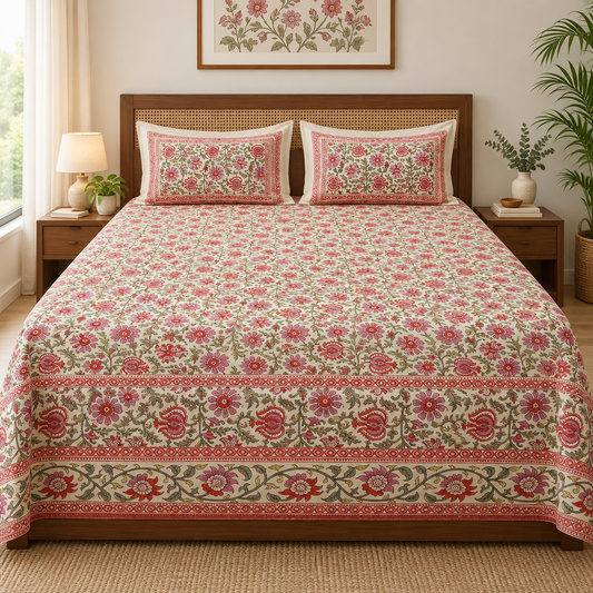 Cream floral bedsheet styled with rug and wall art