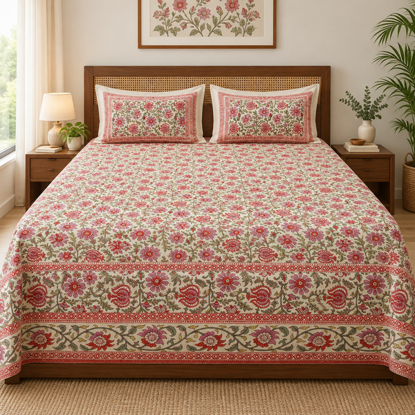Raag - Cream and Pink | Discharge Print Bedsheet | Super King