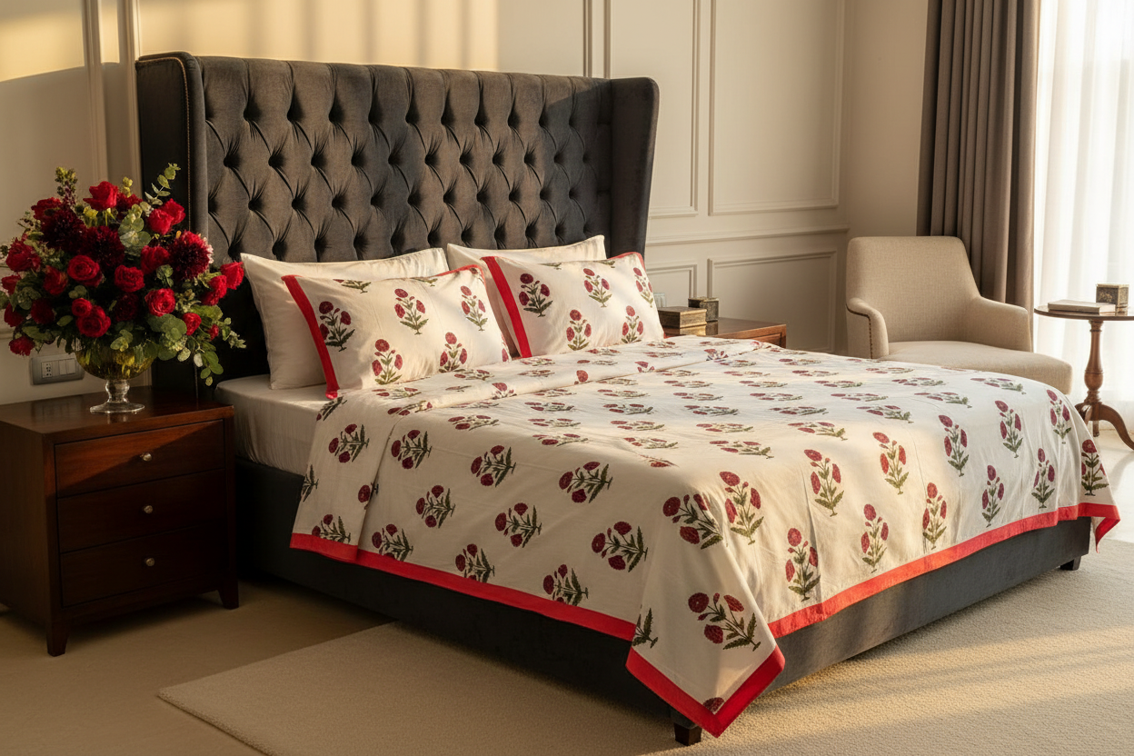Crimson Marigold Bedsheet Luxury Room