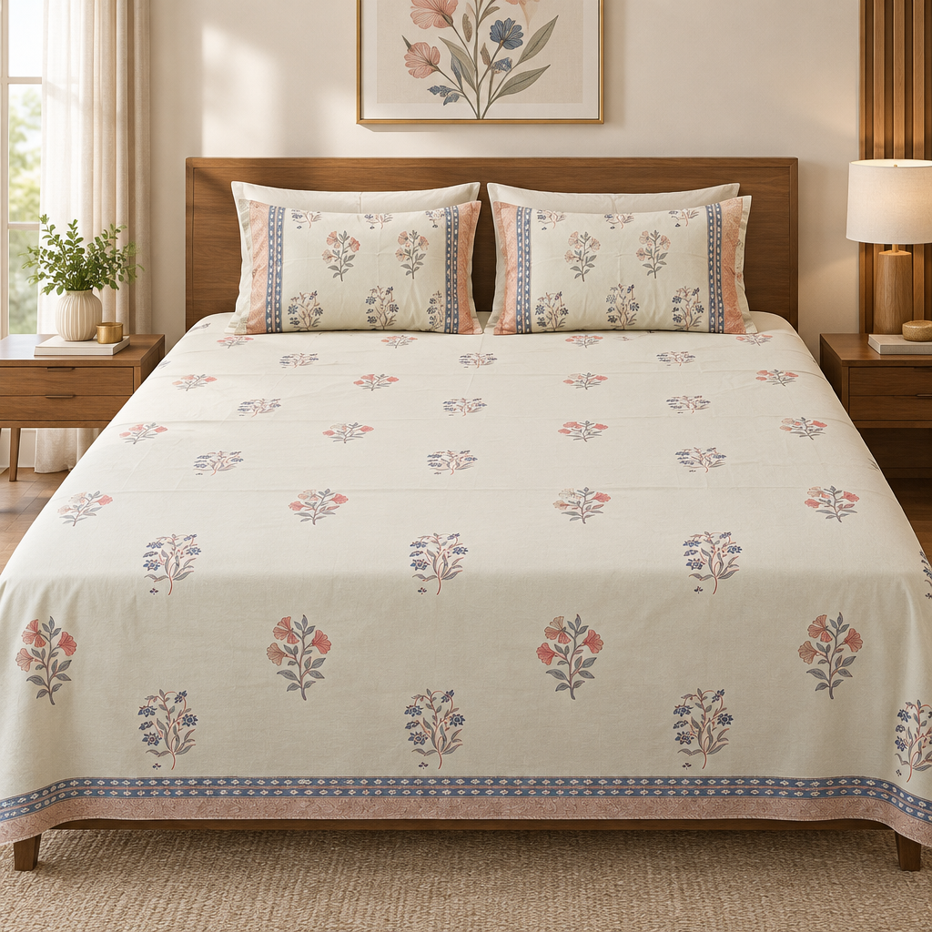 Sukh- Cream and Blue| Percale Cotton |Hand Block|SuperKing