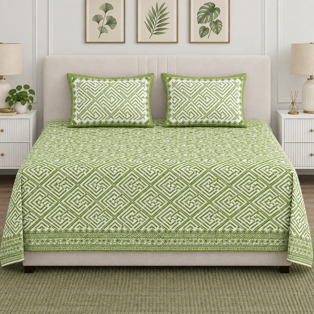 Jaamiti Green and White cotton bedsheet