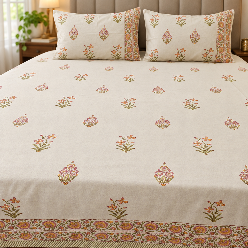 Sur- cream and orange | parcel cotton 400Tc | Hand Block