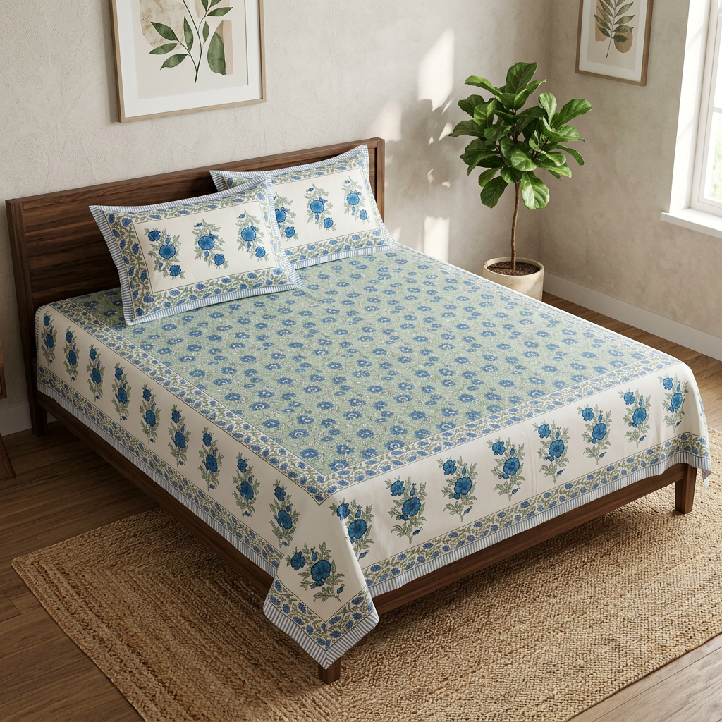 Elevated front-right view of blue and green floral bedding