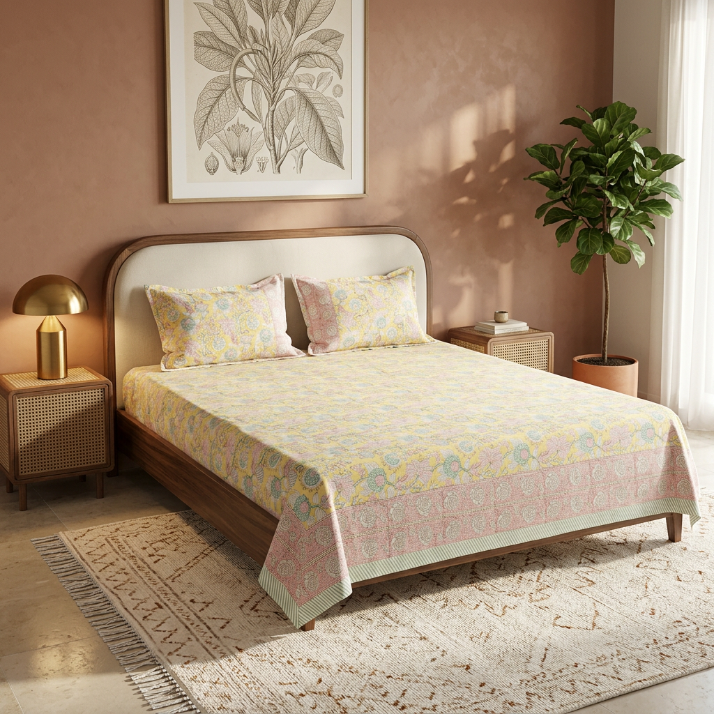 Eye-catching bedroom styling with a terracotta accent wall, walnut bed, statement art and textured ivory rug