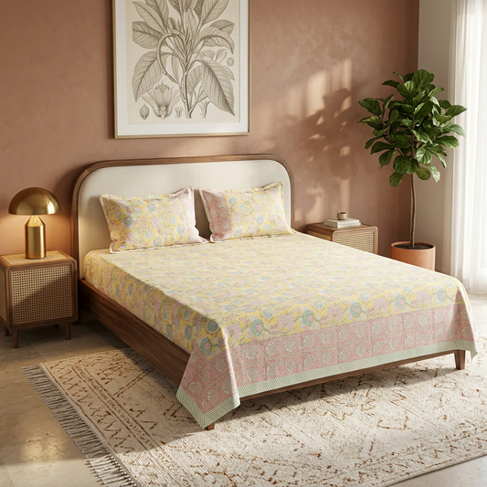 Eye-catching bedroom styling with a terracotta accent wall, walnut bed, statement art and textured ivory rug