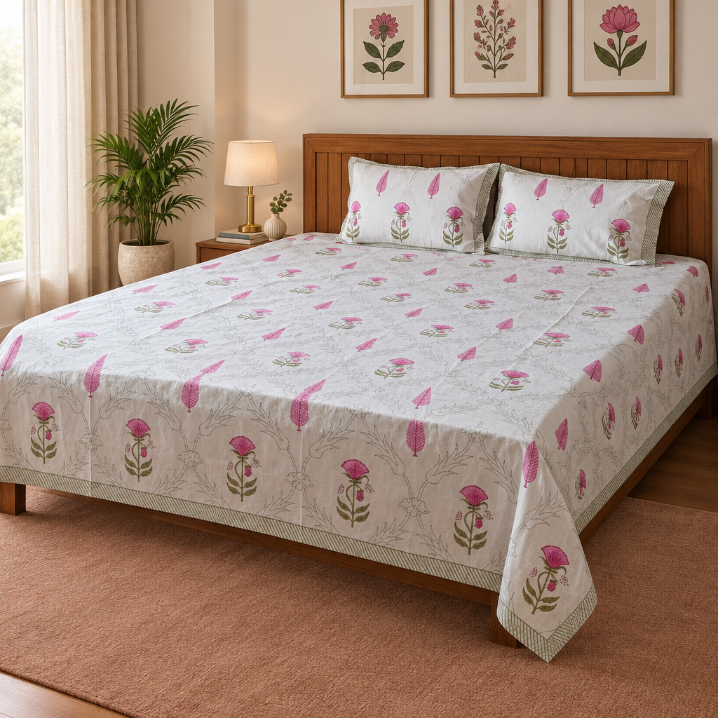 Pushpa Pink and Green cotton bedsheet, view 2