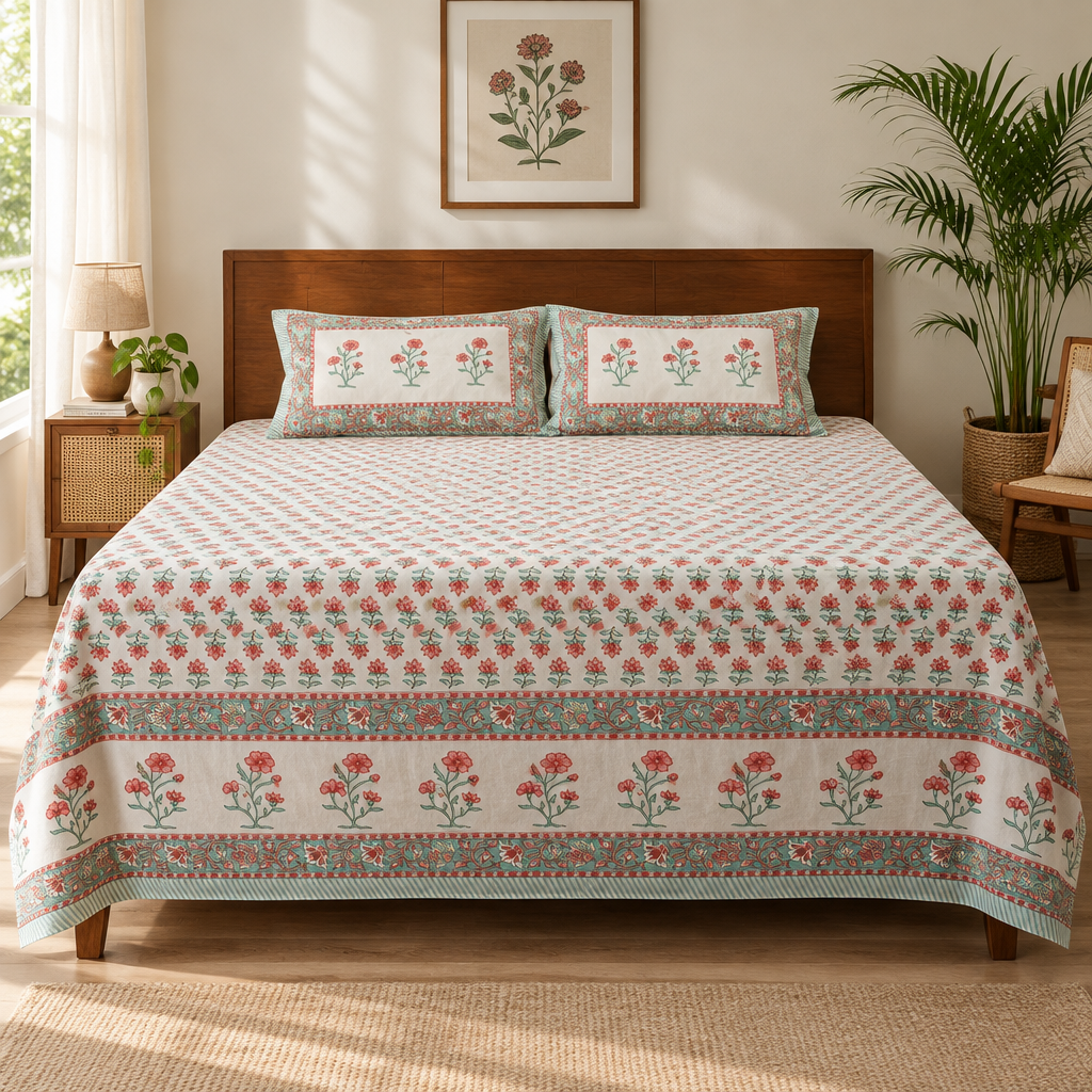Gulzaar - Pink | Hand Block Look Cotton Bedsheet | King Size