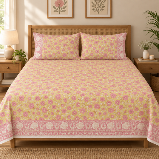 Kushboo | Hand Block Printed Bedsheet | 400 TC Percale Cotton | Super King 110x110