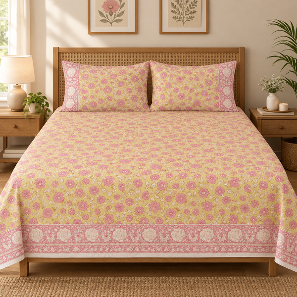 Kushboo | Hand Block Percale Cotton Bedsheet (400 TC) | Super King