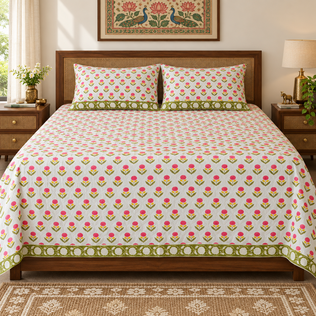 Charulata Hand Block Bedsheet – Super King & Zambo Size (110 x 110 inches)