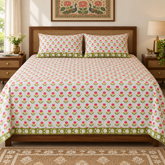 Charulata Hand Block Bedsheet – Super King & Zambo Size (110 x 110 inches)