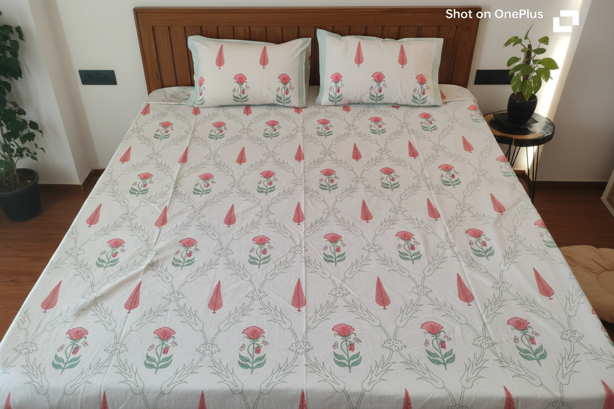 Front Top View - Full Bedsheet Pink Block Print