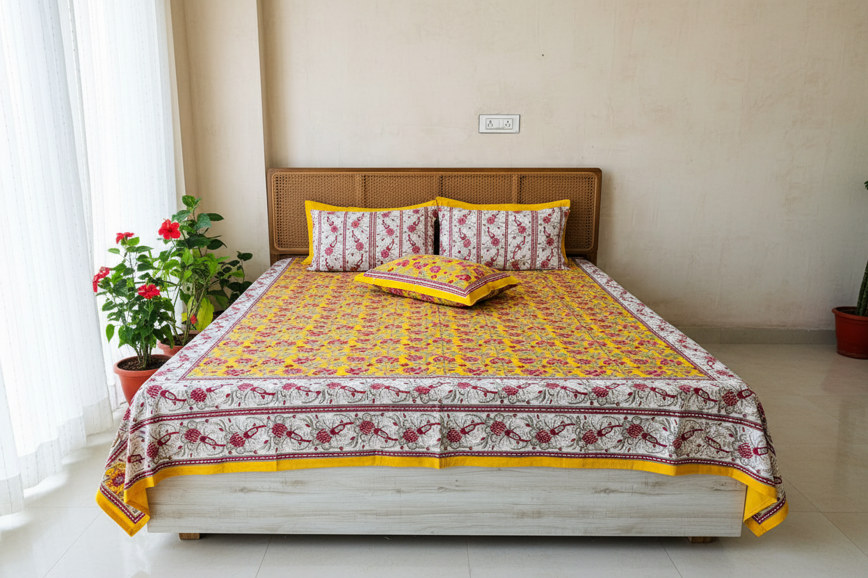 Front View Airy Room Cane Bed with Red Flowers - Yellow Floral Block Print