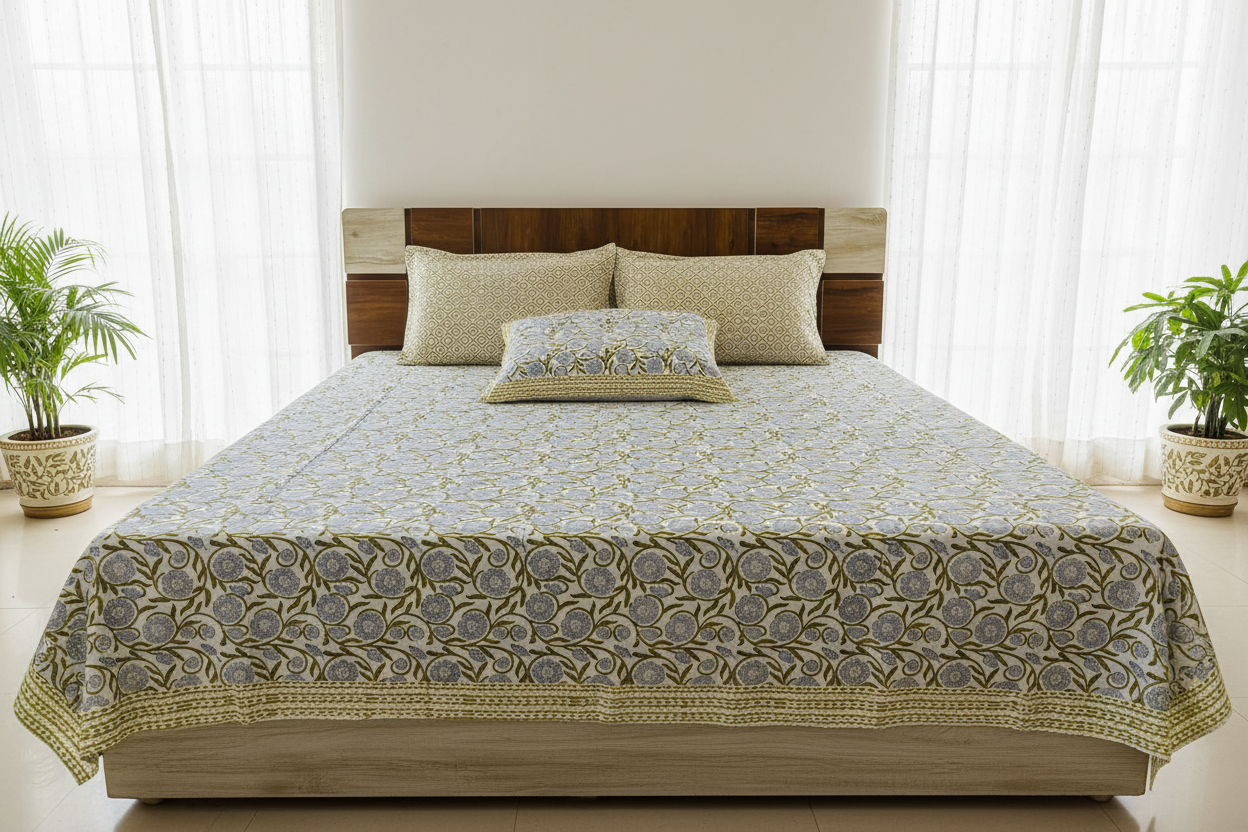Front View - Blue Medallion Green Vine Bedsheet