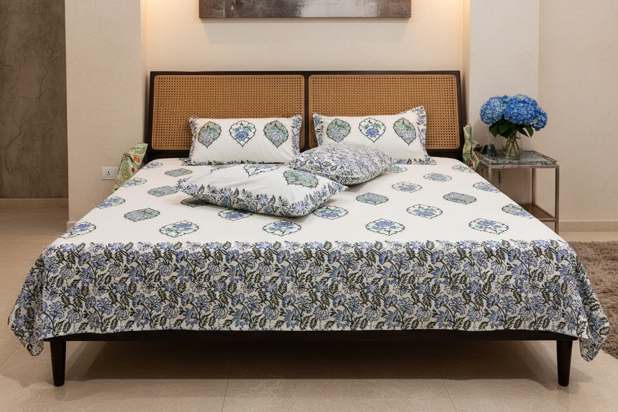 Front View - Cane Bed with Blue Flowers