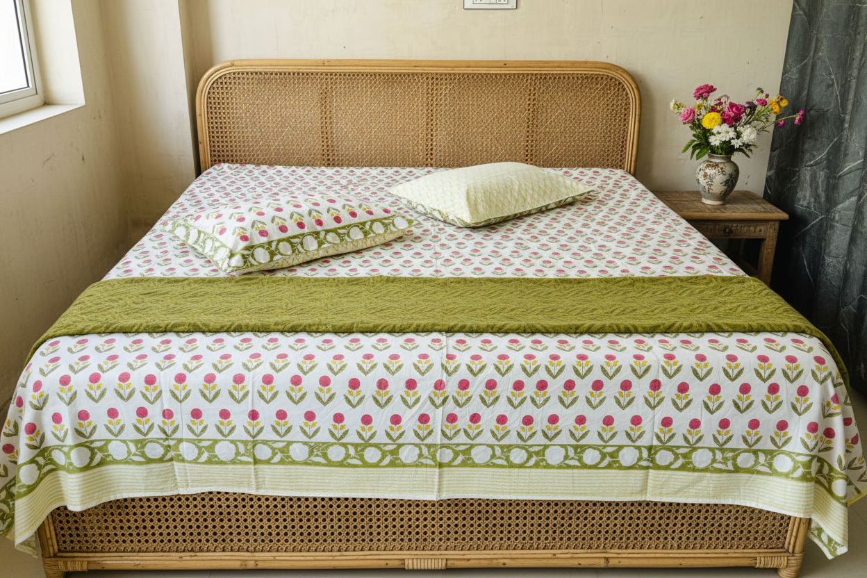 Charulata Hand Block Bedsheet – Super King & Zambo Size (110 x 110 inches)