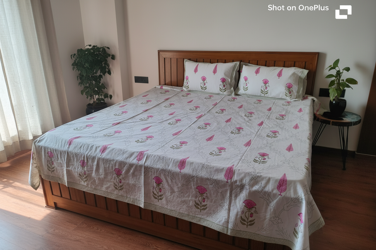 Front View Full Bedsheet - Pink Block Print