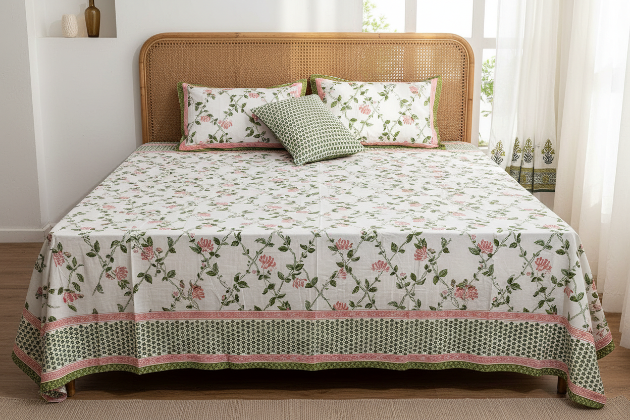 gulmohar- pink and green |Every day 100% cotton bedsheet | king size