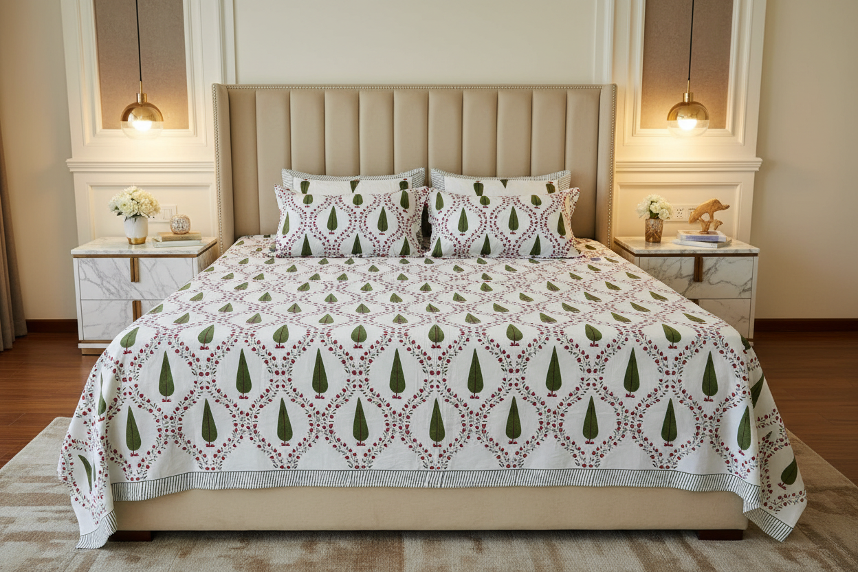 Front View Luxury Room - Green Cypress Tree Block Print
