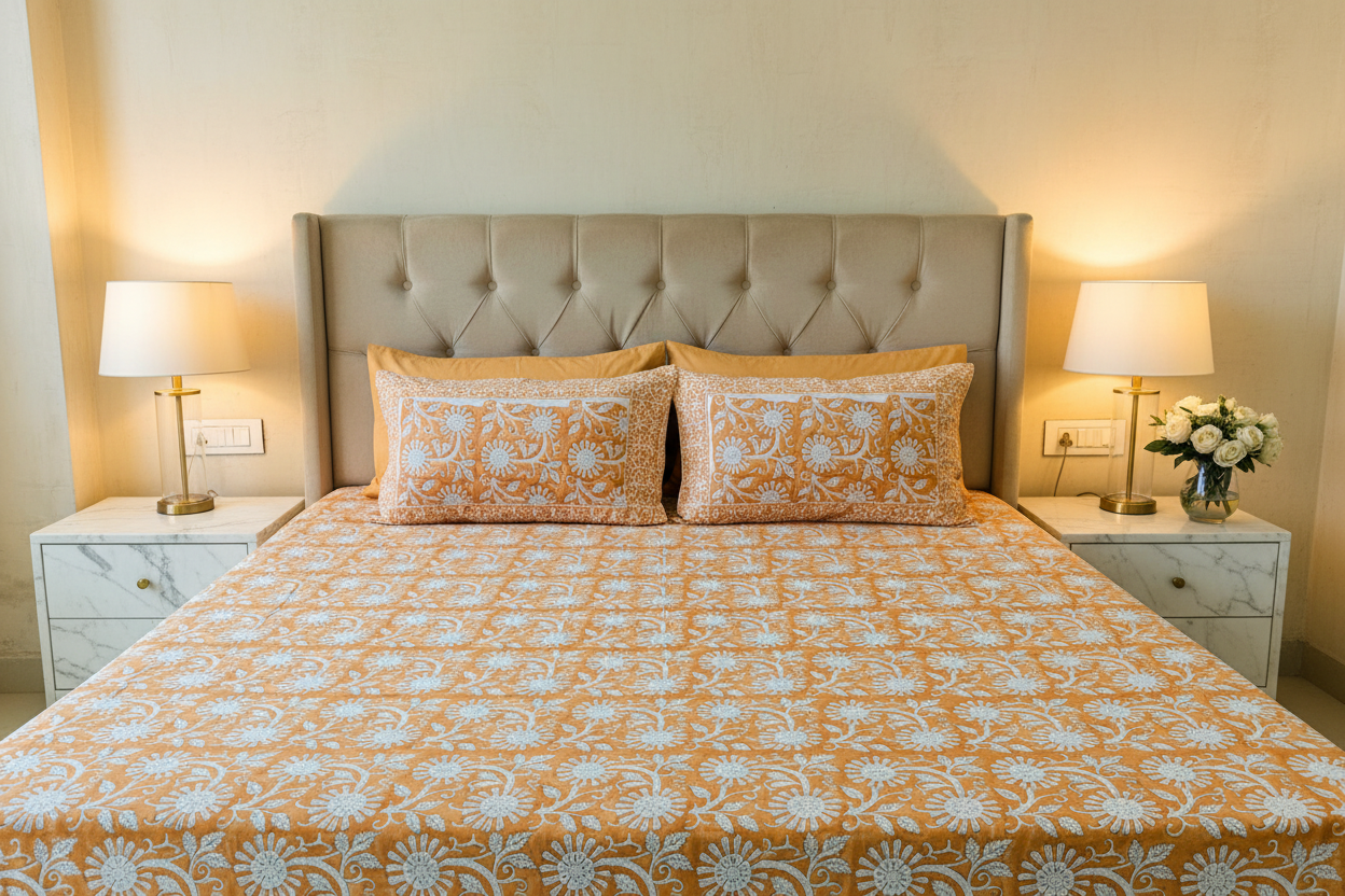 Front View Luxury Room - Peach Floral Block Print Bedsheet