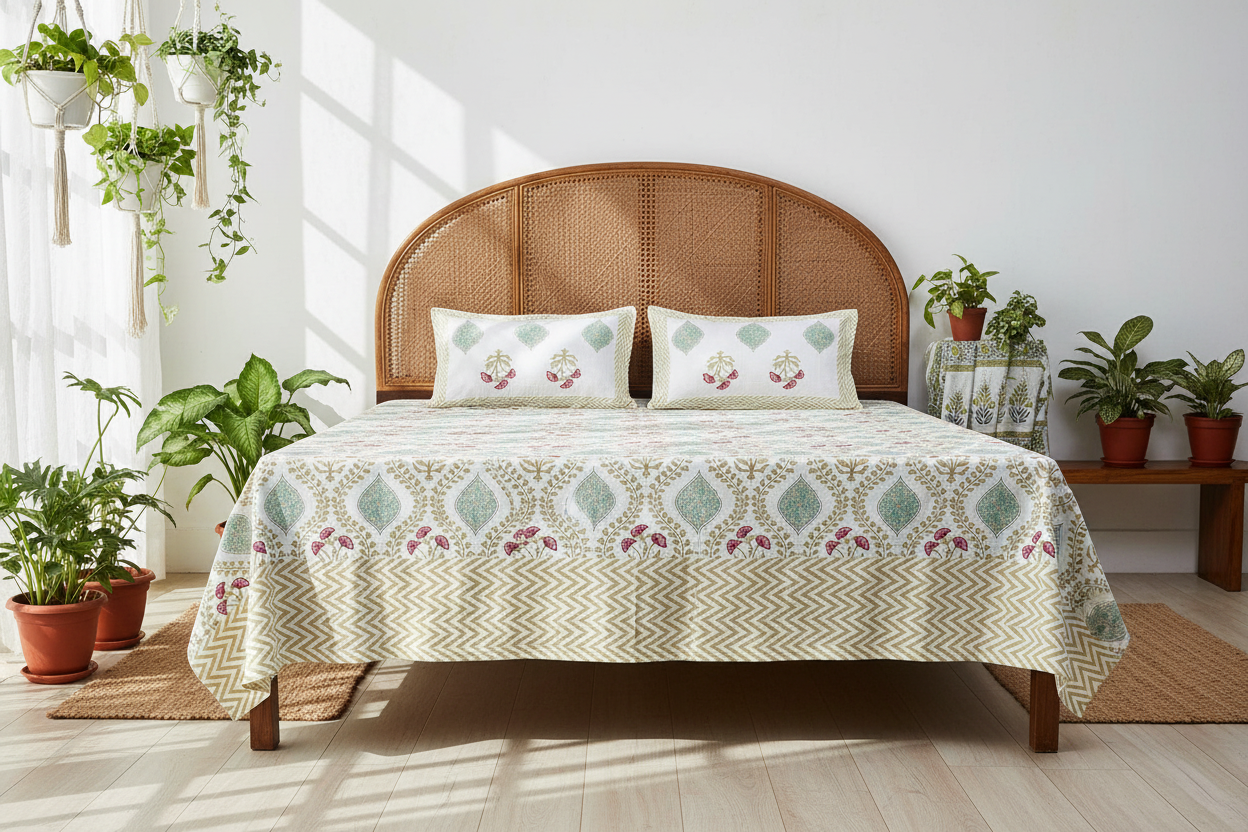 Megha- Teal green and pink |Everyday 100% cotton bedsheet | king size